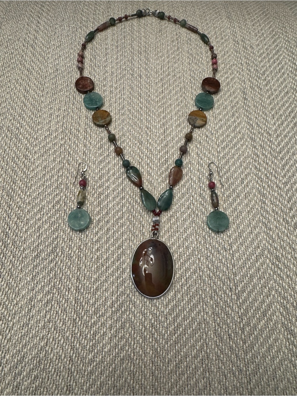 Handcrafted Green and Brown Beaded Pendant Necklace with Matching Earrings